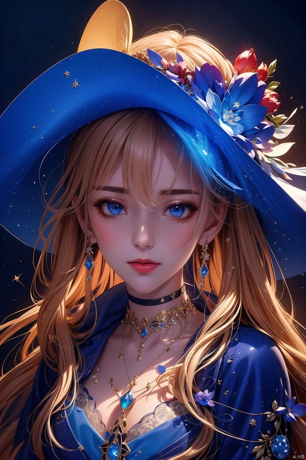  1girl,artist name,gem,glowing,jewelry,long hair,looking at viewer,magic,hat,artist name,aurora,choker,constellation,embers,light particles