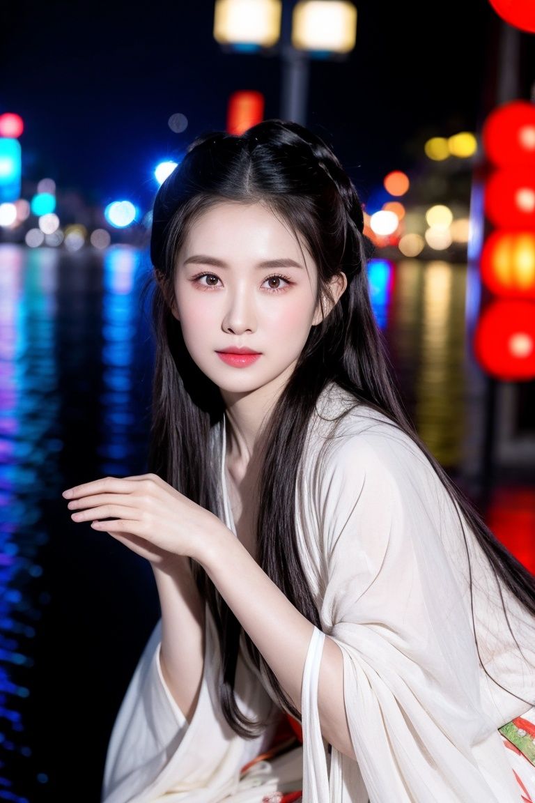 RAW photo of 1girl , wearing a  clothes of chinese hanfu, looking at viewer, looking to the side, melancholy expression, long hair, black hair, back light ,8k, 4k, ultrarealistic, realistic,delicate skin, natural skin,perfect face, fine details, realistic shaded, (highly detailed skin, full sharp: 1.2) ,chinese clothes,hanfu, by the river, The background is Fenghuang Ancient Town ，lantern, at night,surrounded by neon lights