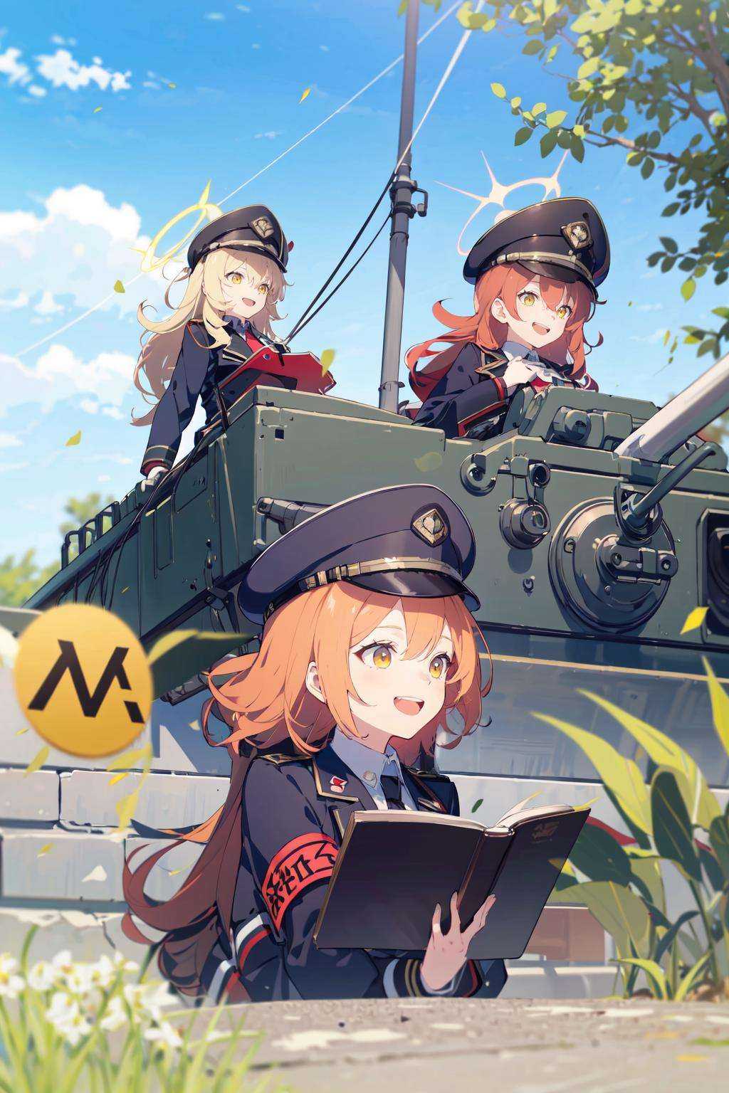 -military, multiple girls, ground vehicle, ****, hat, 2girls, motor vehicle, military hat, outdoors, armband, halo, military uniform, uniform, red hair, necktie, military vehicle, blonde hair, sky, long hair, blurry, day, book, peaked cap, cloud, jacket, shirt, blue sky, yellow eyes, depth of field, black headwear, open mouth, military jacket, long sleeves, bangs, collared shirt, smile, tree, blurry background, building, red necktie, blurry foreground, black jacket, wavy hair, caterpillar tracks,blue archive,<lora:blue archive-000018:0.8>,
