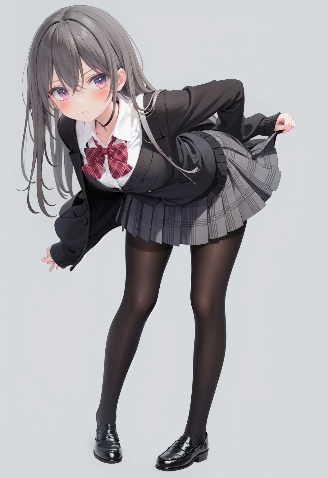  1girl, solo, pantyhose, skirt, long hair, loafers, shoes, simple background, school uniform, brown eyes, plaid, black pantyhose, plaid skirt, looking at viewer, black hair, pantyhose pull, full body, clothes pull, black footwear, pleated skirt, leaning forward, bangs, long sleeves, bent over, cardigan, bow, bowtie, standing, closed mouth, pulled by self, grey background, blush, miniskirt, red bow, sweater, **********