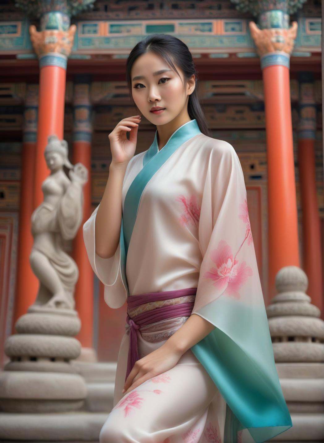 A Photograph of a young chinese woman in a realistic professional photoshoot,  silk cloths,  Capture her graceful beauty a...