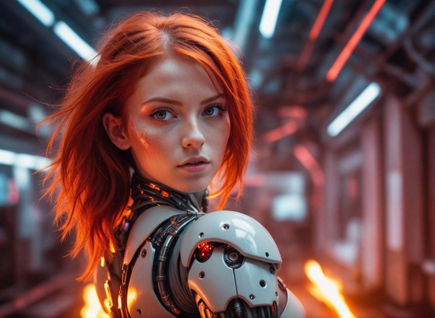 A Photograph capturing the essence of a young cyborg woman with fiery red hair. Her face fills the frame,  bathed in neon...