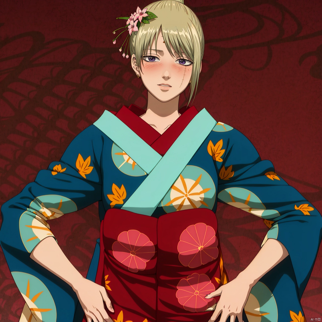  (masterpiece:1.3),(the best quality:1.2),(super fine illustrations:1.2),(Masterpiece),high quality,high detail,(white background:1.2),looking at viewer,(SOLO:1.4),outline,simple background,fullbody,, scar on cheek,pattern on kimono,wide sleeves,scar on forehead, scar on face, hakama skirt, leaf print, print kimono, long sleeves, collarbone, hair bun, floral print, purple eyes, jewelry, hair flower, earrings, sash,scar,Tsukuyo,kimono,japanese clothes,hair stick,hair_ornament,blonde_hair,blue_kimono