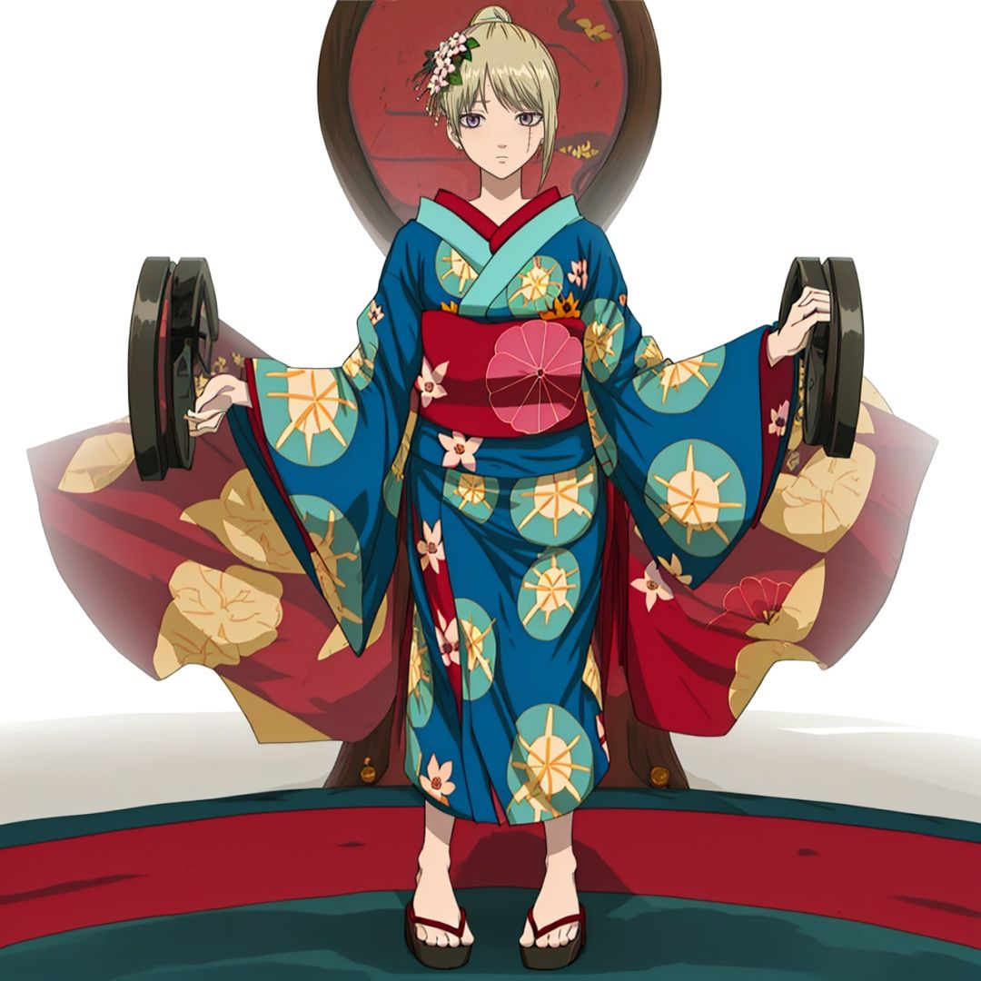  (masterpiece:1.3), (the best quality:1.2), (super fine illustrations:1.2), (Masterpiece), high quality, high detail, ((white background:1.2)), looking at viewer, (SOLO:1.4), outline, , simple background,scar on cheek,pattern on kimono,wide sleeves,scar on forehead, scar on face, hakama skirt, leaf print, print kimono, long sleeves, collarbone, hair bun, floral print, purple eyes, jewelry, hair flower, earrings, sash,scar,Tsukuyo,kimono,japanese clothes,hair stick,hair_ornament,blonde_hair,blue_kimono