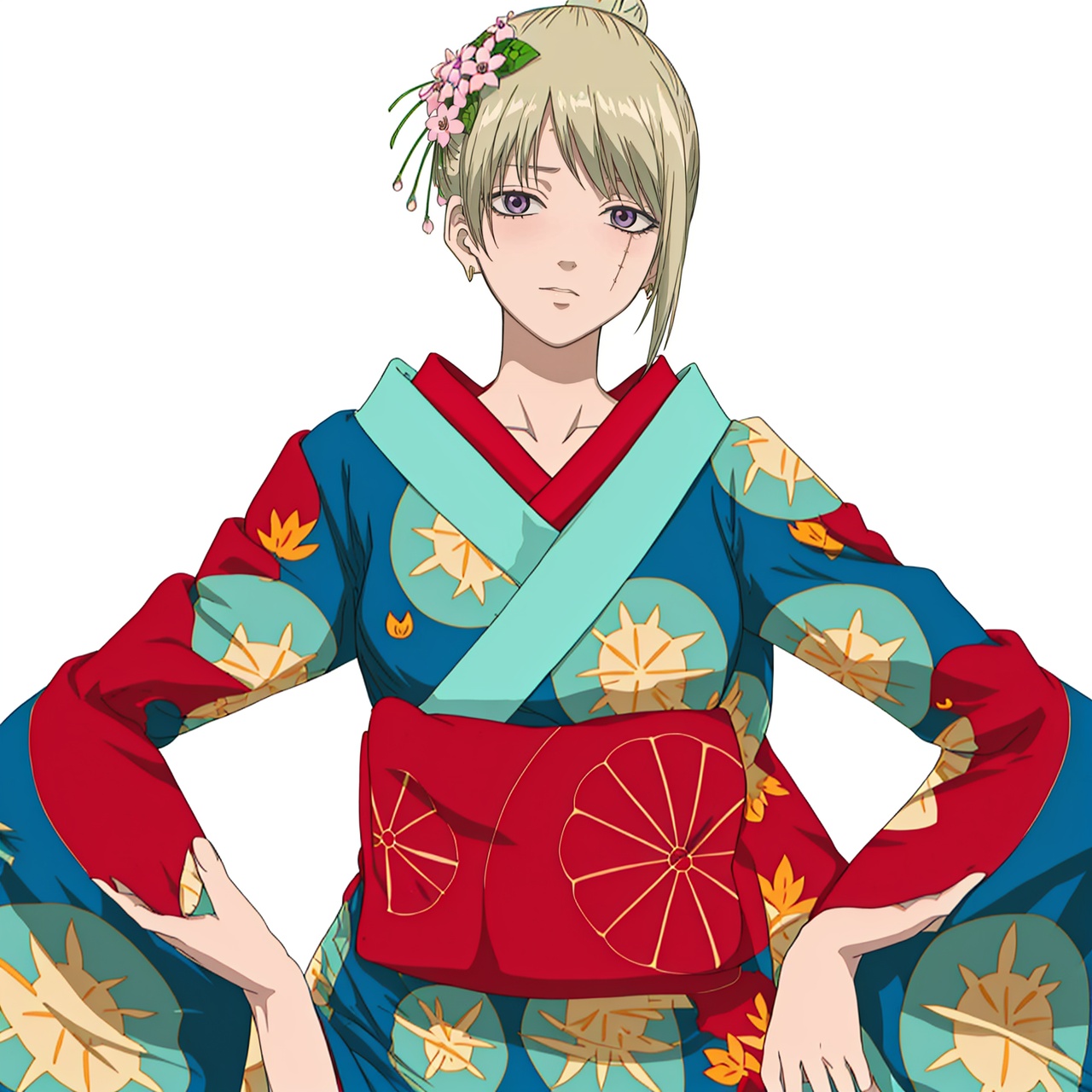  (masterpiece:1.3), (the best quality:1.2), (super fine illustrations:1.2), (Masterpiece), high quality, high detail, ((white background:1.2)), looking at viewer, (SOLO:1.4), outline, , simple background,scar on cheek,pattern on kimono,wide sleeves,scar on forehead, scar on face, hakama skirt, leaf print, print kimono, long sleeves, collarbone, hair bun, floral print, purple eyes, jewelry, hair flower, earrings, sash,scar,Tsukuyo,kimono,japanese clothes,hair stick,hair_ornament,blonde_hair,blue_kimono