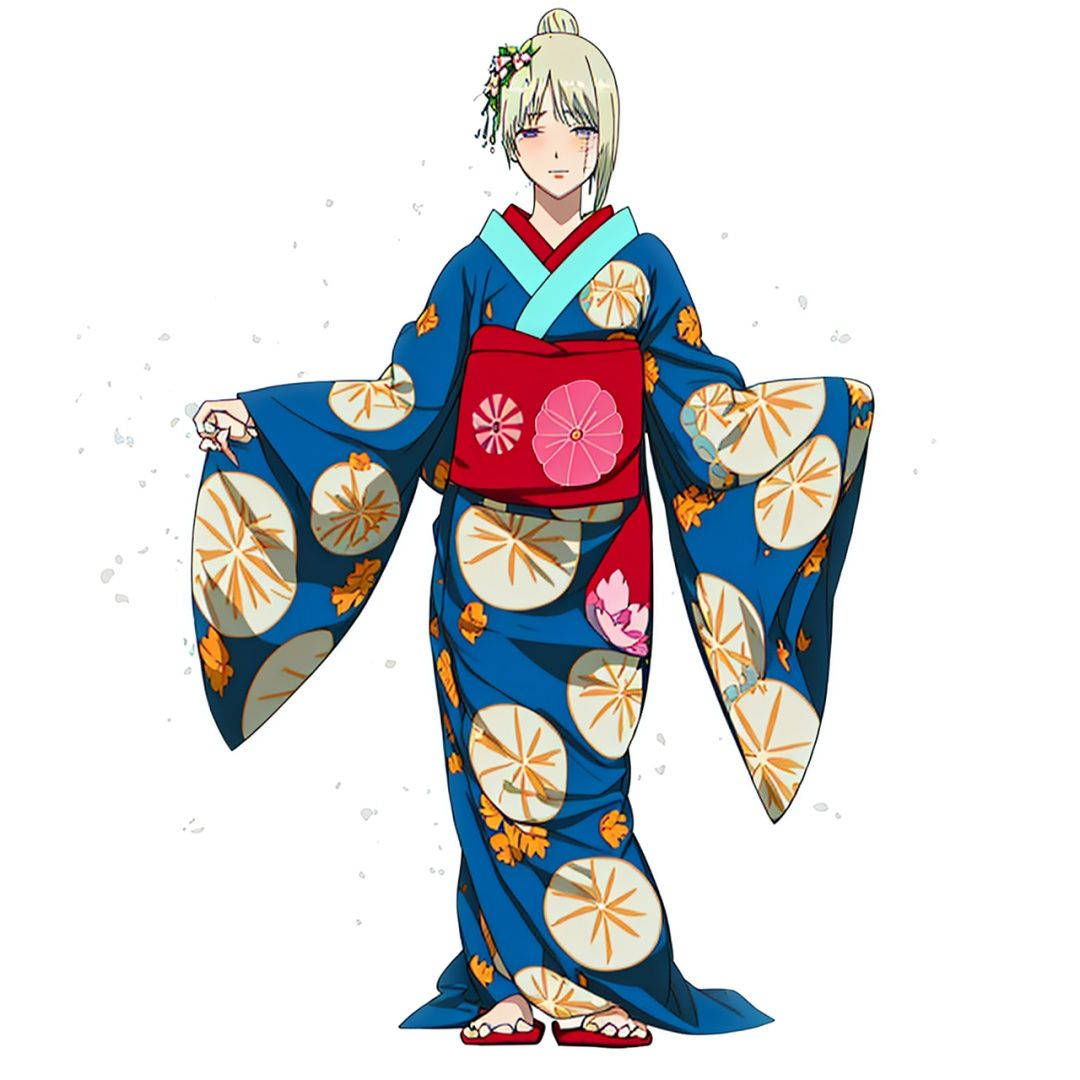 (masterpiece:1.3), (the best quality:1.2), (super fine illustrations:1.2), (Masterpiece), high quality, high detail, ((white background:1.2)), looking at viewer, (SOLO:1.4), outline, , simple background,scar on cheek,pattern on kimono,wide sleeves,scar on forehead, scar on face, hakama skirt, leaf print, print kimono, long sleeves, collarbone, hair bun, floral print, purple eyes, jewelry, hair flower, earrings, sash,scar,Tsukuyo,kimono,japanese clothes,hair stick,hair_ornament,blonde_hair,blue_kimono
