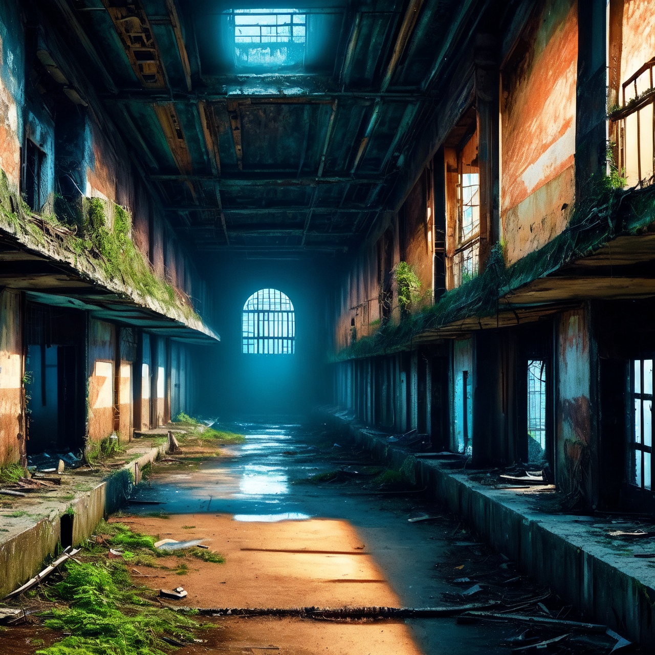A scene of a prison ruin with human skeletons next to a dilapidated ancient hospital ruin. The prison and hospital are dep...