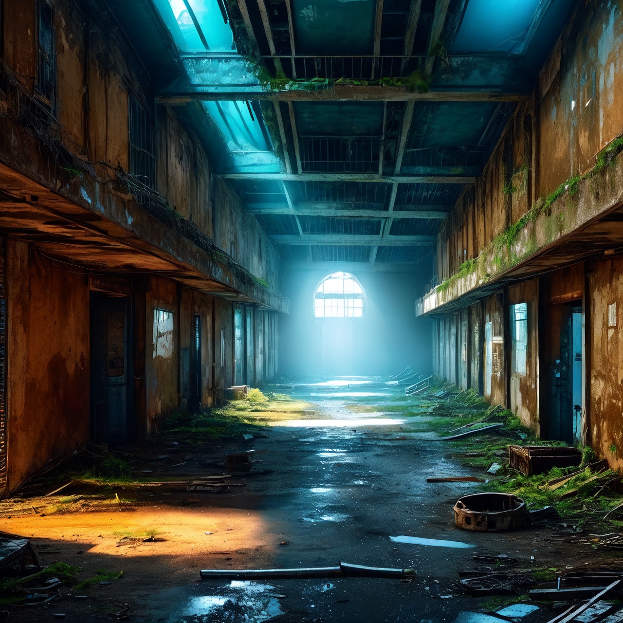 A scene of a prison ruin with human skeletons next to a dilapidated ancient hospital ruin. The prison and hospital are dep...