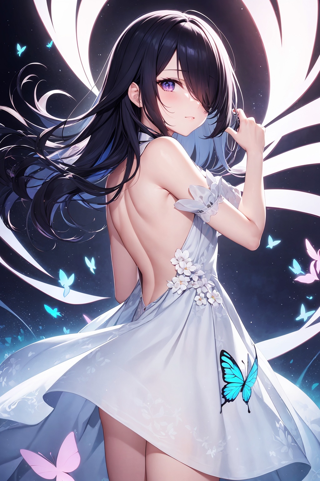 (absurdres, highres, ultra detailed, high resolution: 1.1), 1 girl, solo, kawaii, medium breasts, neon theme, suprematism, flower, flower and hair is same color, beautifuly color, face, hair is becoming flower, butterfly, back light, hair and clothes is flower, upper body, hair with body, webbed dress, big top sleeves, hair over one eye, flower leg, flower hands, body with flower, flower with clothes , dress with flower, light particles, black background, hair with flower, breasts with flower, floating hair with flower, marbling with hair and clothes, looking at viewer, arm down, paper cutting, flower forground, wavy hair, diffusion lighting, butterfly with body, nice hands, perfect hands,