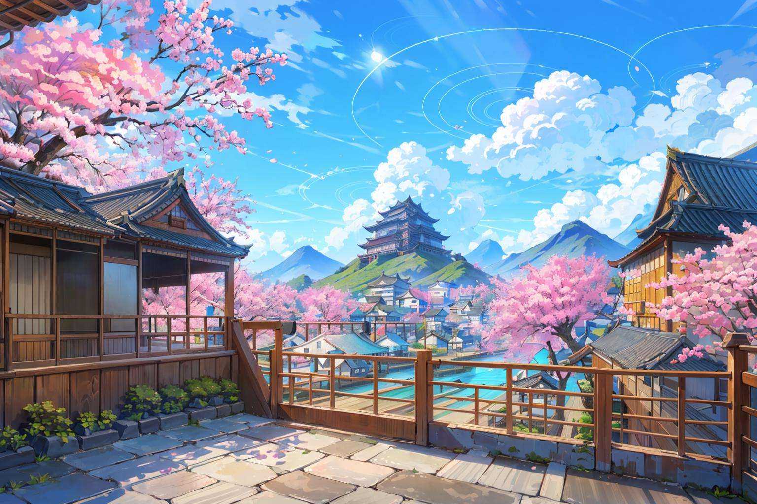 (masterpiece:1.2),best quality,blue archive background,scenery, no humans, sky, cloud, architecture, east asian architecture, outdoors, day, tree, blue sky, bridge, building, cherry blossoms, mountain, railing, cityscape, rooftop, city, sunlight<lora:blue archive background-000018:0.8>,