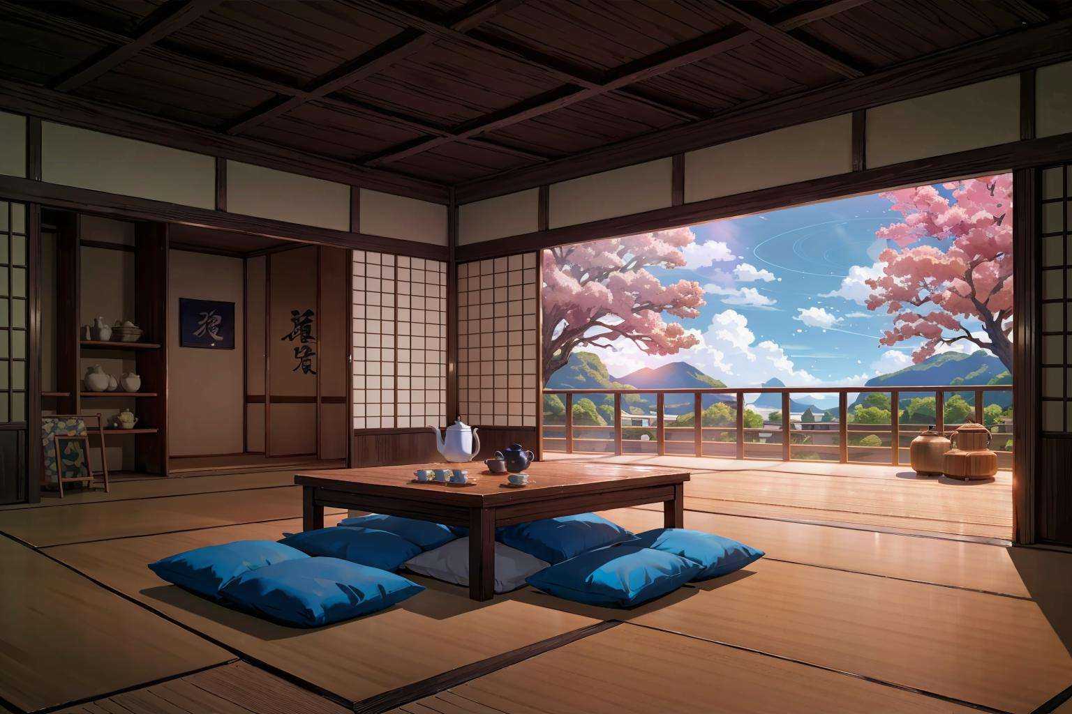 (masterpiece:1.2),best quality,blue archive background,no humans, scenery, tree, table, tatami, cushion, sky, pillow, indoors, lamp, cup, sliding doors, day, east asian architecture, wooden floor, architecture, bowl, vase, cloud, zabuton, window, shelf, box, sunlight, teapot, basket<lora:blue archive background-000018:0.8>,