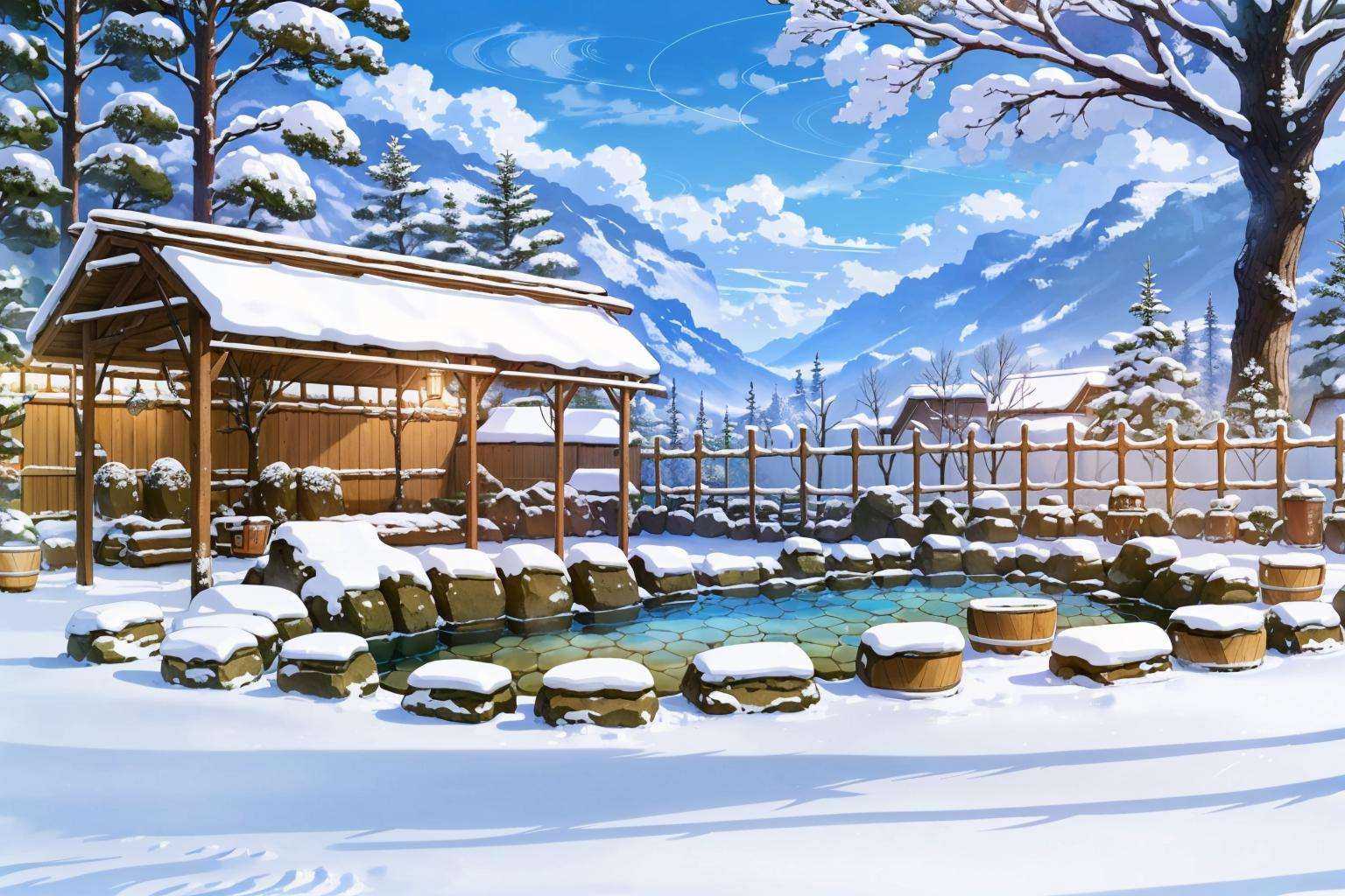 (masterpiece:1.2),best quality,blue archive background,bucket, snow, no humans, tree, scenery, fence, outdoors, winter, onsen, mountain, wooden fence, water, wooden bucket, sky, nature, bare tree, rock, forest<lora:blue archive background-000018:0.8>,