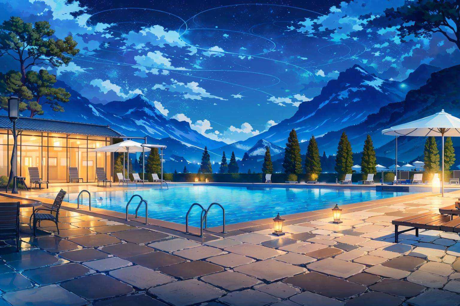 (masterpiece:1.2),best quality,blue archive background,night, no humans, scenery, sky, star (sky), night sky, tree, outdoors, starry sky, pool, water, cloud, lamppost, building, reflection, mountain, bench, fence<lora:blue archive background-000018:0.8>,