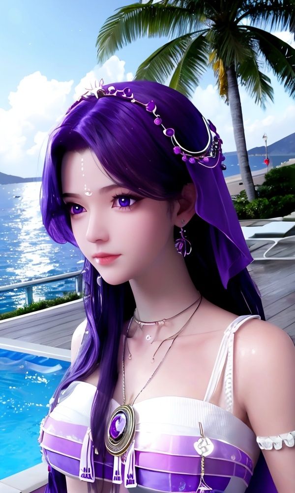 (,1girl, ,best quality, )<lora:331-DA-神印王座-月夜V2:0.8> ultra realistic 8k cg, picture-perfect face, flawless, clean, masterpiece, professional artwork, famous artwork, cinematic lighting, cinematic bloom,ocean, pool, water, 1girl, horizon, beach, poolside, tree, purple_hair, shore, solo, lake, palm_tree, breasts, day, long_hair, necklace, outdoors, sky, purple_eyes,