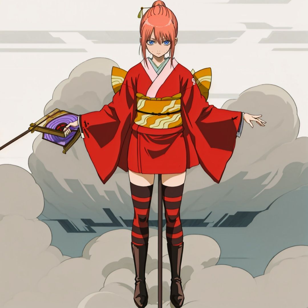 (masterpiece:1.3), (the best quality:1.2), (super fine illustrations:1.2), (Masterpiece), high quality, high detail, ((white background:1.2)), looking at viewer, (SOLO:1.4), outline, , simple background,high heel boots, braid, hair ornament, wide sleeves, hair stick, red hair, long sleeves, kagura \(gintama\), collarbone, boots, hair between eyes, bangs, striped legwear, hair bun, blue eyes, striped, thighhighs, short kimono, sash, red kimono, kimono,kagula, japanese clothes