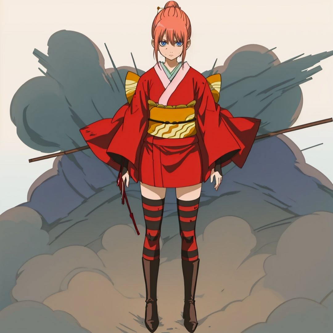 (masterpiece:1.3), (the best quality:1.2), (super fine illustrations:1.2), (Masterpiece), high quality, high detail, ((white background:1.2)), looking at viewer, (SOLO:1.4), outline, , simple background,high heel boots, braid, hair ornament, wide sleeves, hair stick, red hair, long sleeves, kagura \(gintama\), collarbone, boots, hair between eyes, bangs, striped legwear, hair bun, blue eyes, striped, thighhighs, short kimono, sash, red kimono, kimono,kagula, japanese clothes