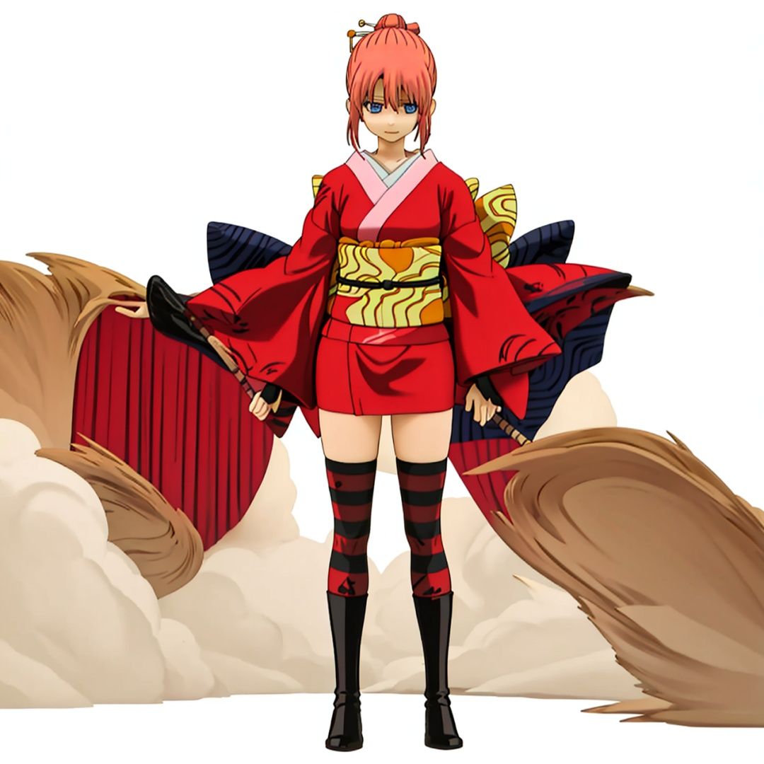 (masterpiece:1.3), (the best quality:1.2), (super fine illustrations:1.2), (Masterpiece), high quality, high detail, ((white background:1.2)), looking at viewer, (SOLO:1.4), outline, , simple background,high heel boots, braid, hair ornament, wide sleeves, hair stick, red hair, long sleeves, kagura \(gintama\), collarbone, boots, hair between eyes, bangs, striped legwear, hair bun, blue eyes, striped, thighhighs, short kimono, sash, red kimono, kimono,kagula, japanese clothes