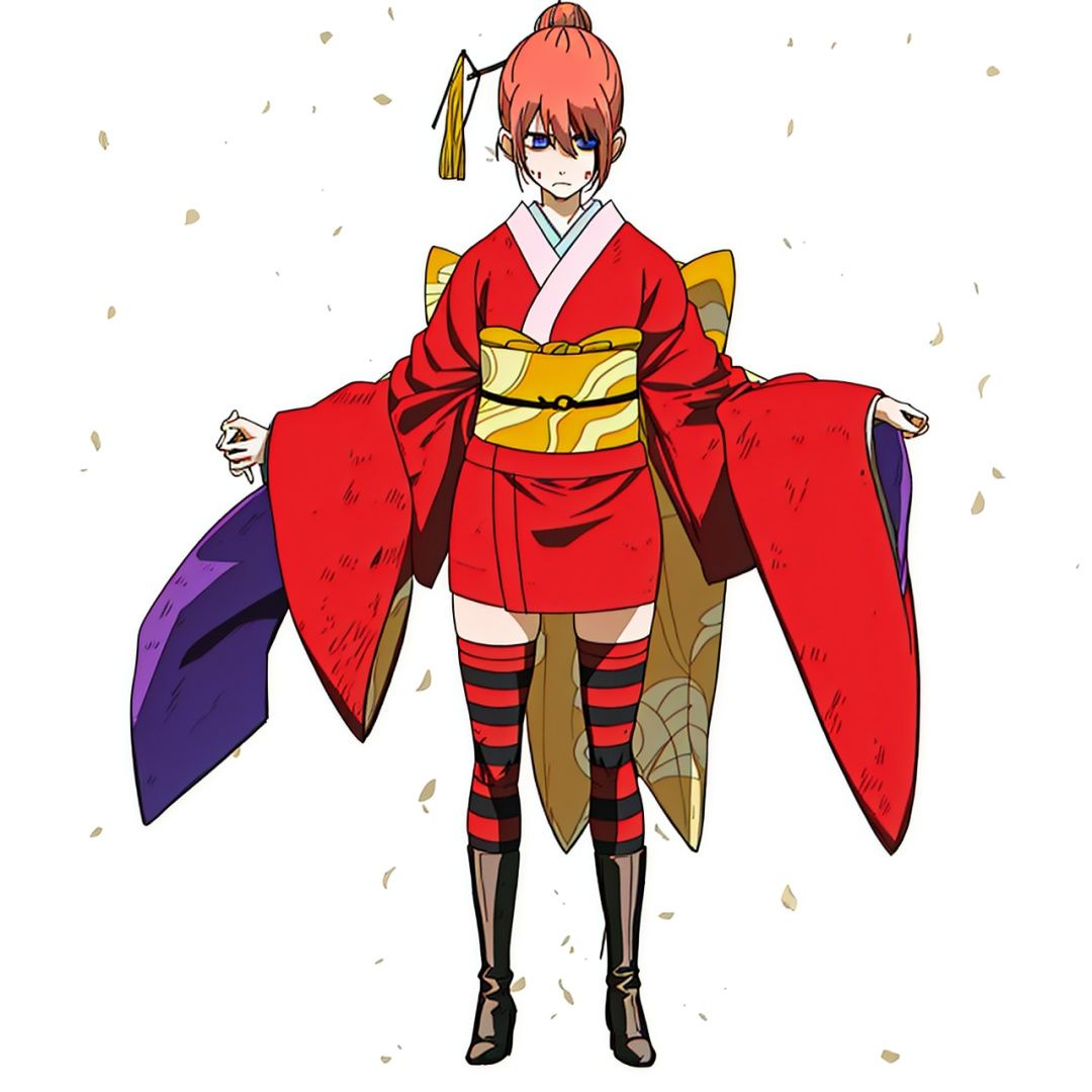(masterpiece:1.3), (the best quality:1.2), (super fine illustrations:1.2), (Masterpiece), high quality, high detail, ((white background:1.2)), looking at viewer, (SOLO:1.4), outline, , simple background,high heel boots, braid, hair ornament, wide sleeves, hair stick, red hair, long sleeves, kagura \(gintama\), collarbone, boots, hair between eyes, bangs, striped legwear, hair bun, blue eyes, striped, thighhighs, short kimono, sash, red kimono, kimono,kagula, japanese clothes
