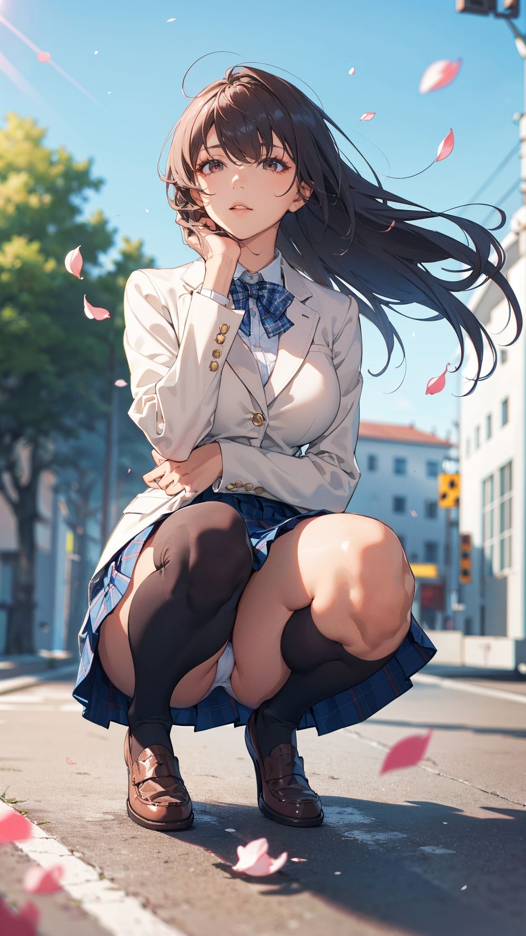  masterpiece,best quality,highres,incredibly absurdres,absurdres,very_high resolution,(chromatic aberration:1.2),(film grain:1.2),cinematic,(bokeh:1.2),(caustics:1.2),light_particles,lens flare,(blurry background:1.1),(blurry_foreground:1.1),depth of field,scenery,landscape,octane render,volumetric light,blurry,picturesque_scenery,1girl,solo,solo_focus,tsurime,eyeliner,eyelashes,eyeshadow,lips,(lipgloss),shiny skin,toned,narrow waist,mature_female,tall female,milf,curvy,large_breasts,perky_breasts, wind,(floating hair:1.2),clear sky,motion blur,house,bangs,white_panties,blazer,blue_topwear,brown_eyes,full_body,jacket,black_kneehighs,stockings,loafers,panty_shot,long_hair,adjusting_hair,arm up,long_sleeves,outdoors,plaid,elbow_rest,plaid_skirt,pleated_skirt,school_uniform,shoes,skirt,thighs,squatting,pavement,under_tree,petals,tree,road,nature,utility pole,day,flower,floor,sky,outdoors,sunlight