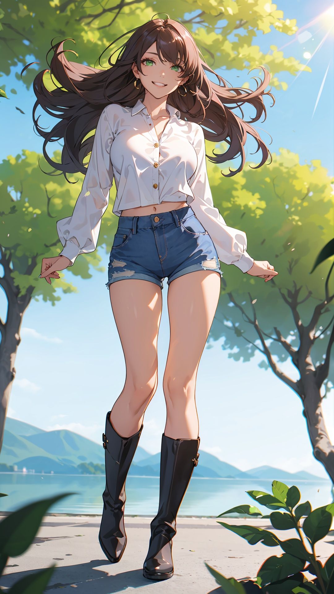  masterpiece,best quality,highres,incredibly absurdres,absurdres,very_high resolution,(chromatic aberration:1.2),(film grain:1.2),cinematic,(bokeh:1.2),(caustics:1.2),light_particles,lens flare,blurry background,(blurry_foreground:1.1),depth of field,scenery,landscape,octane render,volumetric light,blurry,picturesque_scenery,1girl,solo,solo_focus,tsurime,eyeliner,eyelashes,eyeshadow,lips,(lipgloss),shiny skin,toned,narrow waist,mature_female,tall female,milf,curvy,large_breasts,perky_breasts, long legs, wavy hair,forehead,parted bangs,lateral view,long hair,hair behind ear,brown hair,(floating hair:1.2),green_eyes,smile,light smile,grin,wind,denim shorts,buttons,long sleeves,white blouse,earrings,knee boots,black footwear,(low-angle_shot),flower,sunlight,park,plant,nature,outdoors,lake,pavement,mountainous horizon,clear sky,motion blur,house,under_tree,