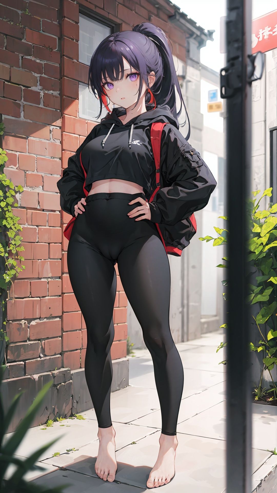  masterpiece,best quality,highres,incredibly absurdres,absurdres,very_high resolution,chromatic aberration,film grain,cinematic,bokeh,caustics,light_particles,lens flare,blurry background,blurry_foreground,depth of field,scenery,landscape,octane render,volumetric light,blurry,picturesque_scenery,1girl,solo,solo_focus,tsurime,eyeliner,eyelashes,eyeshadow,lips,(lipgloss),shiny skin,toned,narrow waist,mature_female,tall female,milf,curvy,large_breasts,perky_breasts, long legs, wavy hair,forehead,parted bangs,black hair,multicolored hair,gradient hair,red hair,hair behind ear,low ponytail,ponytail,purple eyes,tall female,(black_pants),hoodie,long sleeves,cameltoe,nature,street,window,plant,brick wall,(vines),(alley),full_body,(hands on hips),bare feet,skintight,reflective floor,