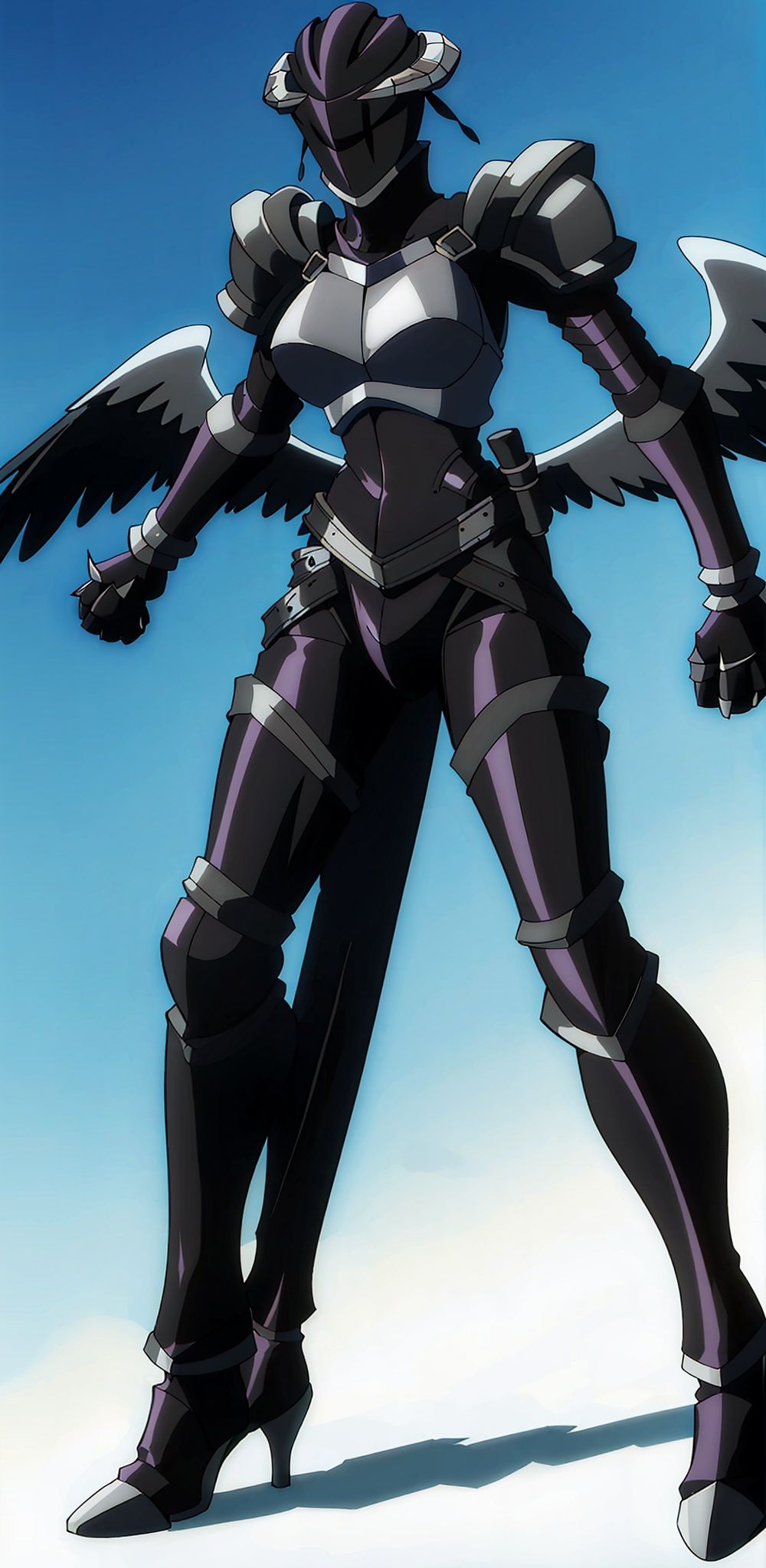 1girl, armor, claws,  gauntlets, helmet, no humans, pauldrons, shoulder armor, solo, spikes, 
(simple background), high heels, (no wings:1.3),
(There is nothing in the hands:1.3)
