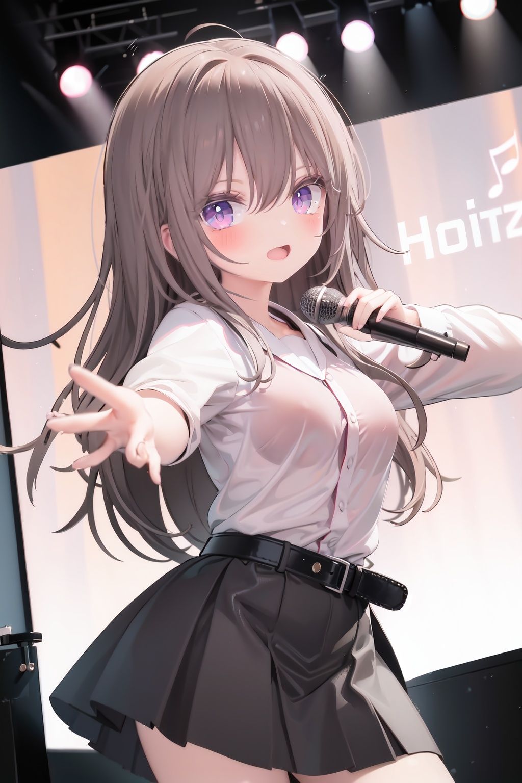  1girl, solo, microphone, smile, skirt, blush, brown eyes, long hair, open mouth, looking at viewer, brown hair, long sleeves, :d, shirt, bangs, belt, breasts, pink shirt, outstretched arm, music, black belt, medium breasts, holding microphone, singing