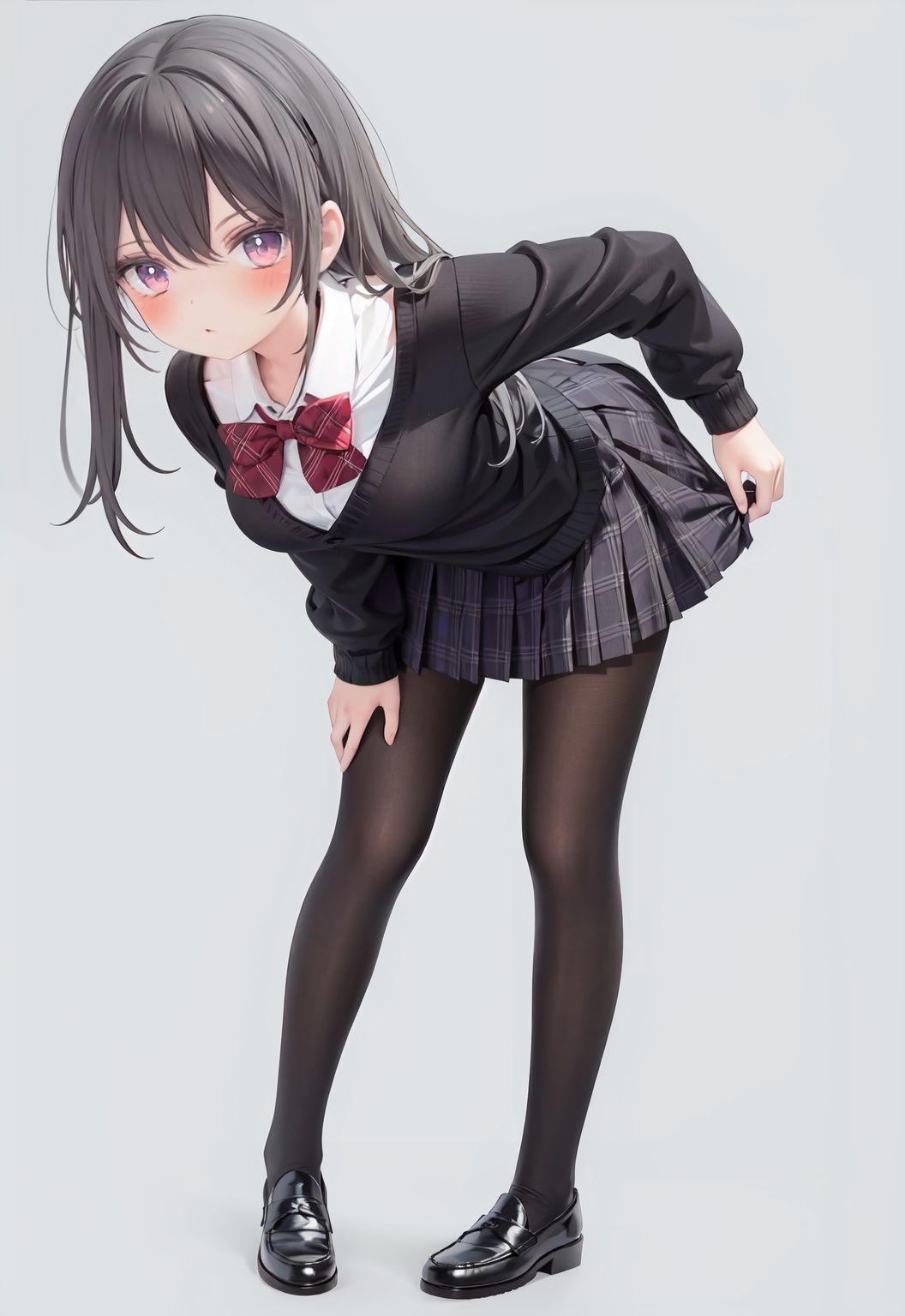  1girl, solo, pantyhose, skirt, long hair, loafers, shoes, simple background, school uniform, brown eyes, plaid, black pantyhose, plaid skirt, looking at viewer, black hair, pantyhose pull, full body, clothes pull, black footwear, pleated skirt, leaning forward, bangs, long sleeves, bent over, cardigan, bow, bowtie, standing, closed mouth, pulled by self, grey background, blush, miniskirt, red bow, sweater, **********