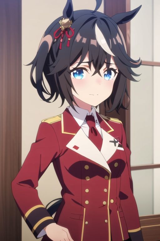  best quality, masterpiece, 1girl, black hair, short hair,medium breasts,white streaked hair hair between eyes,white ahoge,side ponytail, horse ears, horse girl, horse tail, blue eyes, hair ornament, ,loli,military_uniform,