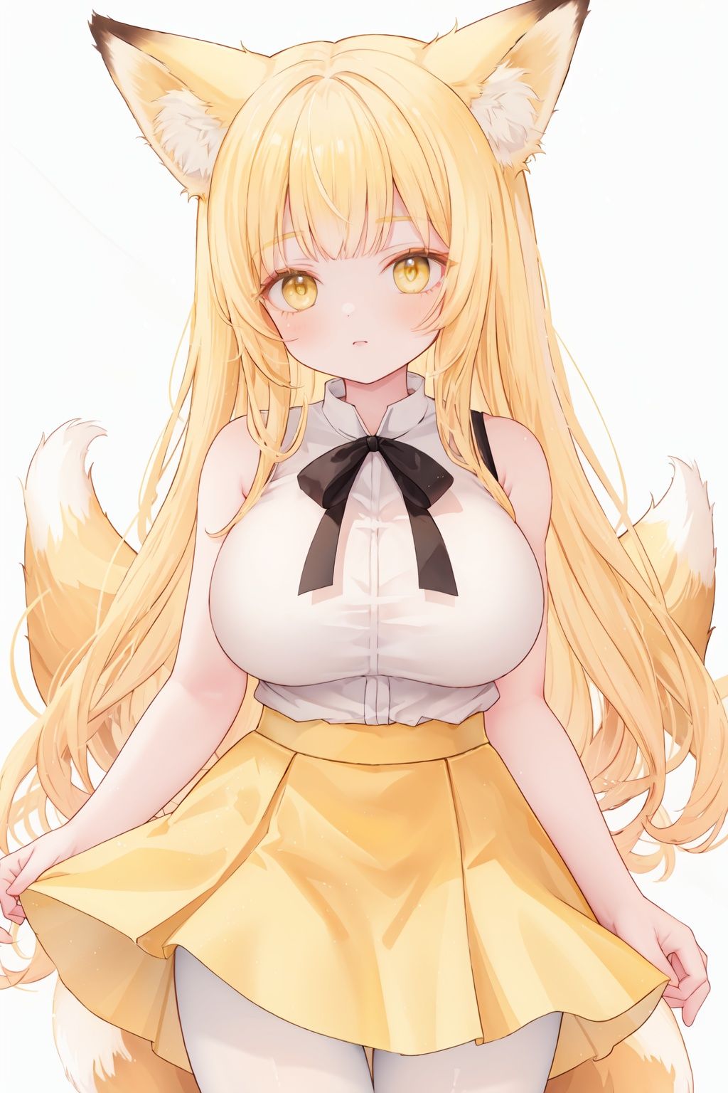 white background,
fox girl, fox ears, yellow tails, yellow hair,large breasts,bangs, yellow eyes,
bare shoulders, sleeveless shirt, skirt, white Pantyhose,