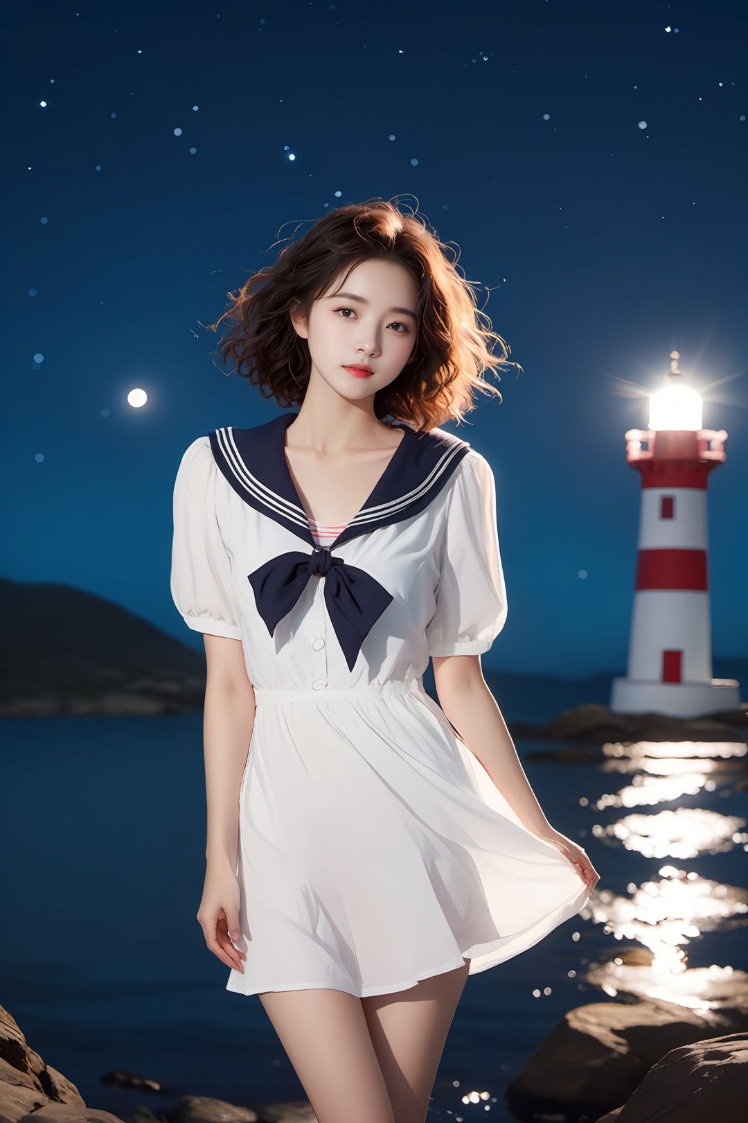 Real photos (1girl: 1.2),  curly hair,  (sailor suit: 1.3),  (realistic style),  (lonely lighthouse standing on the shore),  (night),  (moonlight),  (breeze),  (sparkling water),  a clear stream flowing slowly,  (natural scenery),  (distant mountains),  (starry sky),  (peaceful atmosphere),  master work,  high detail,  (close-up of characters), MAJICMIX STYLE,<lora:EMS-89582-EMS:0.800000>