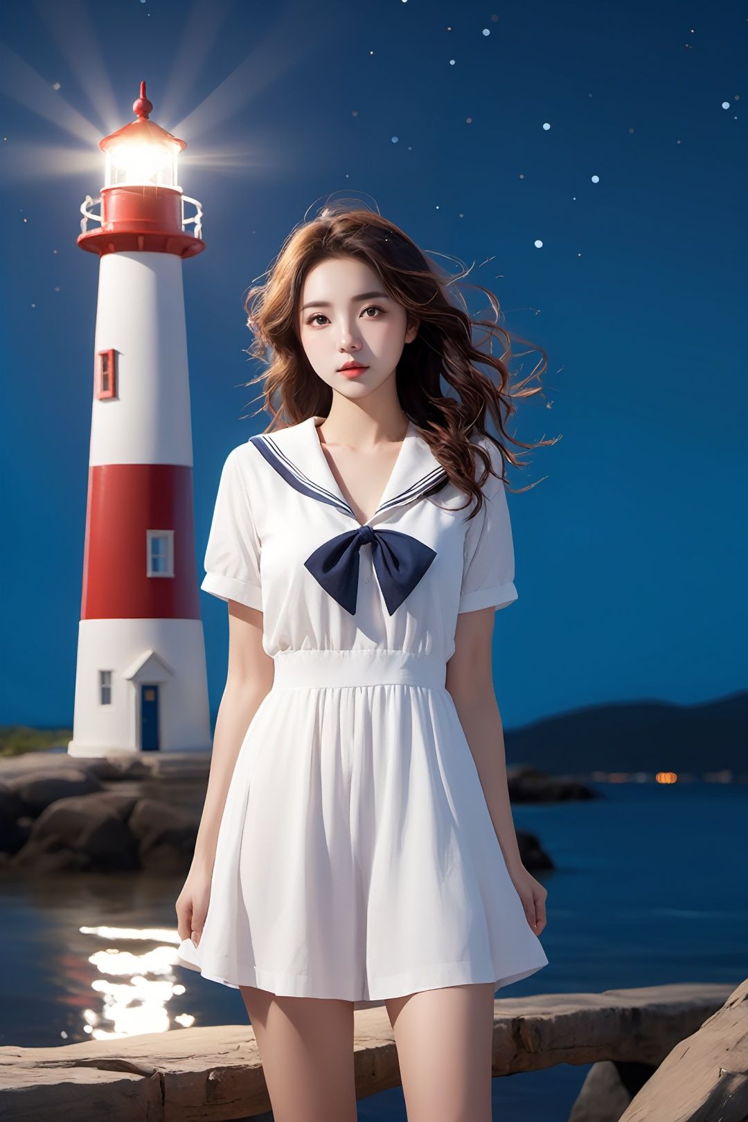 Real photos (1girl: 1.2),  curly hair,  (sailor suit: 1.3),  (realistic style),  (lonely lighthouse standing on the shore),  (night),  (moonlight),  (breeze),  (sparkling water),  a clear stream flowing slowly,  (natural scenery),  (distant mountains),  (starry sky),  (peaceful atmosphere),  master work,  high detail,  (close-up of characters), MAJICMIX STYLE,<lora:EMS-89582-EMS:0.800000>