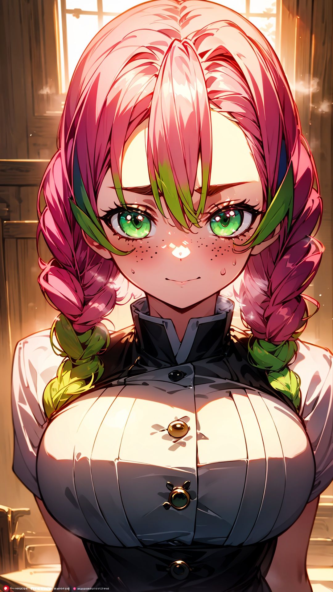 (masterpiece, best quality, hires, high resolution:1.2, 4k, 8k , high quality), extremely detailed, realistic, intricate details, highres, 1girl, solo, blush, freckles, arched back,(cinematic lighting, sunlight, perfect lighting, backlighting), eye-level shot, extreme close-up-shot, looking at viewer, 
  mitsuri_ecsta, pink hair, multicolored hair, kanroji mitsuri, green hair, two-tone hair, chromatic aberration, demon slayer uniform, ,MITSURI_ECSTA,KANROJI MITSURI