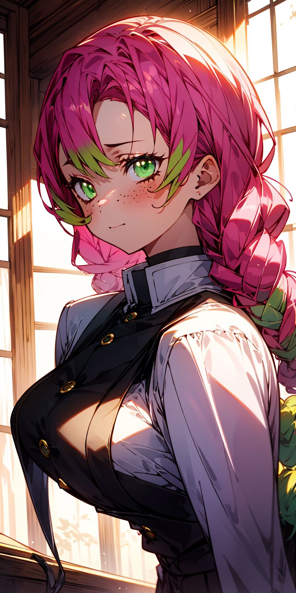 (masterpiece, best quality, hires, high resolution:1.2, 4k, 8k , high quality), extremely detailed, realistic, intricate details, highres, 1girl, solo, blush, freckles, arched back,(cinematic lighting, sunlight, perfect lighting, backlighting), eye-level shot, extreme close-up-shot, looking at viewer, 
  mitsuri_ecsta, pink hair, multicolored hair, kanroji mitsuri, green hair, two-tone hair, chromatic aberration, demon slayer uniform, ,MITSURI_ECSTA,KANROJI MITSURI