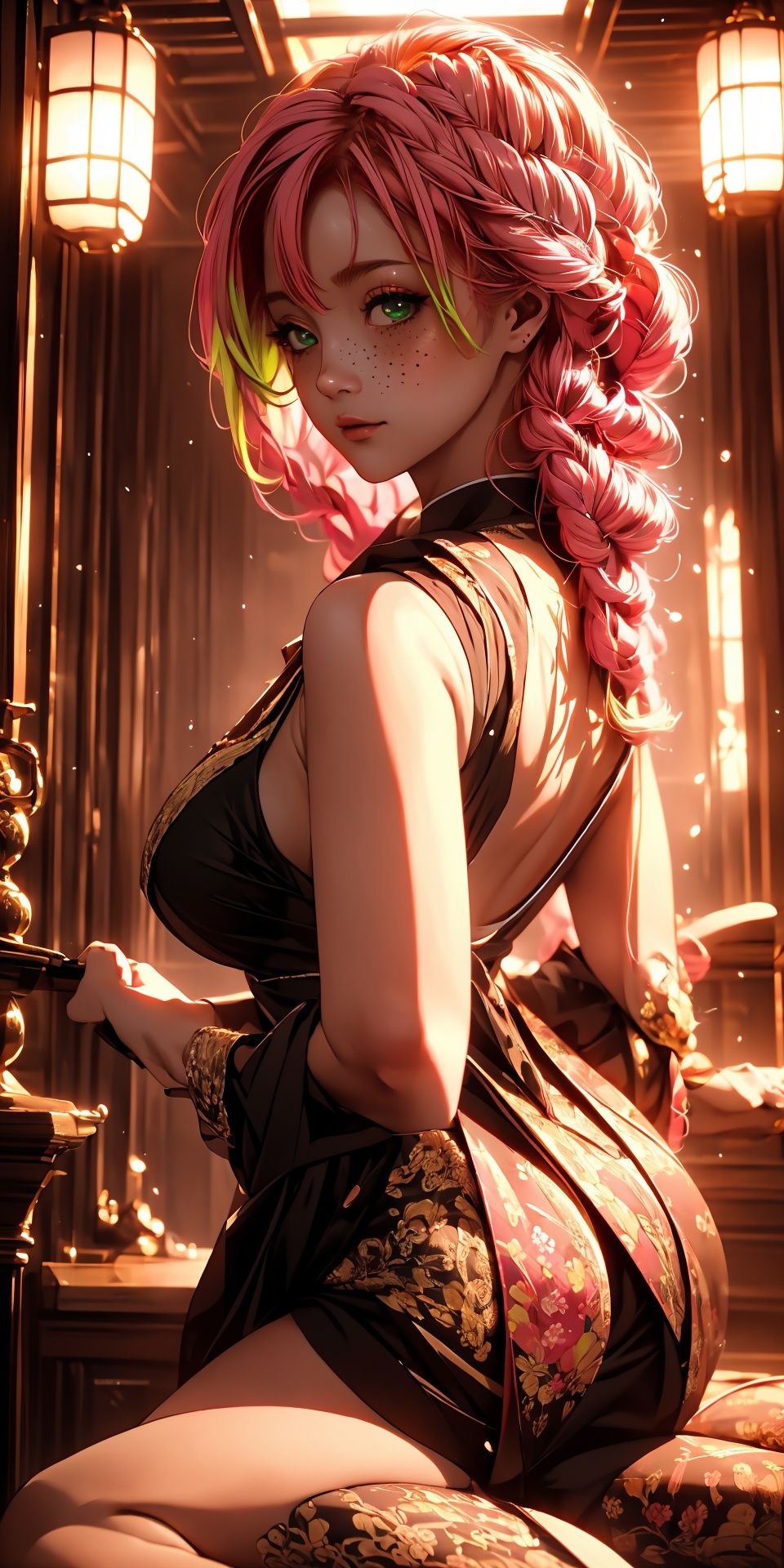 (masterpiece, best quality, hires, high resolution:1.2, 4k, 8k , high quality), extremely detailed, realistic, intricate details, highres, 1girl, solo, blush, freckles, arched back,(cinematic lighting, sunlight, perfect lighting, backlighting), eye-level shot, extreme close-up-shot, looking at viewer, 
  mitsuri_ecsta, pink hair, multicolored hair, kanroji mitsuri, green hair, two-tone hair, chromatic aberration, demon slayer uniform, ,MITSURI_ECSTA,KANROJI MITSURI