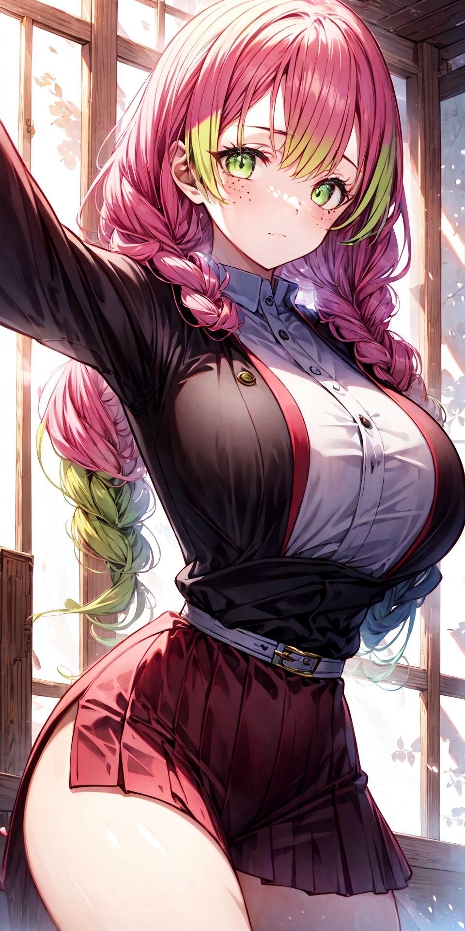 (masterpiece, best quality, hires, high resolution:1.2, 4k, 8k , high quality), extremely detailed, realistic, intricate details, highres, 1girl, solo, blush, freckles, arched back,(cinematic lighting, sunlight, perfect lighting, backlighting), eye-level shot, extreme close-up-shot, looking at viewer, 
  mitsuri_ecsta, pink hair, multicolored hair, kanroji mitsuri, green hair, two-tone hair, chromatic aberration, demon slayer uniform, ,MITSURI_ECSTA,KANROJI MITSURI