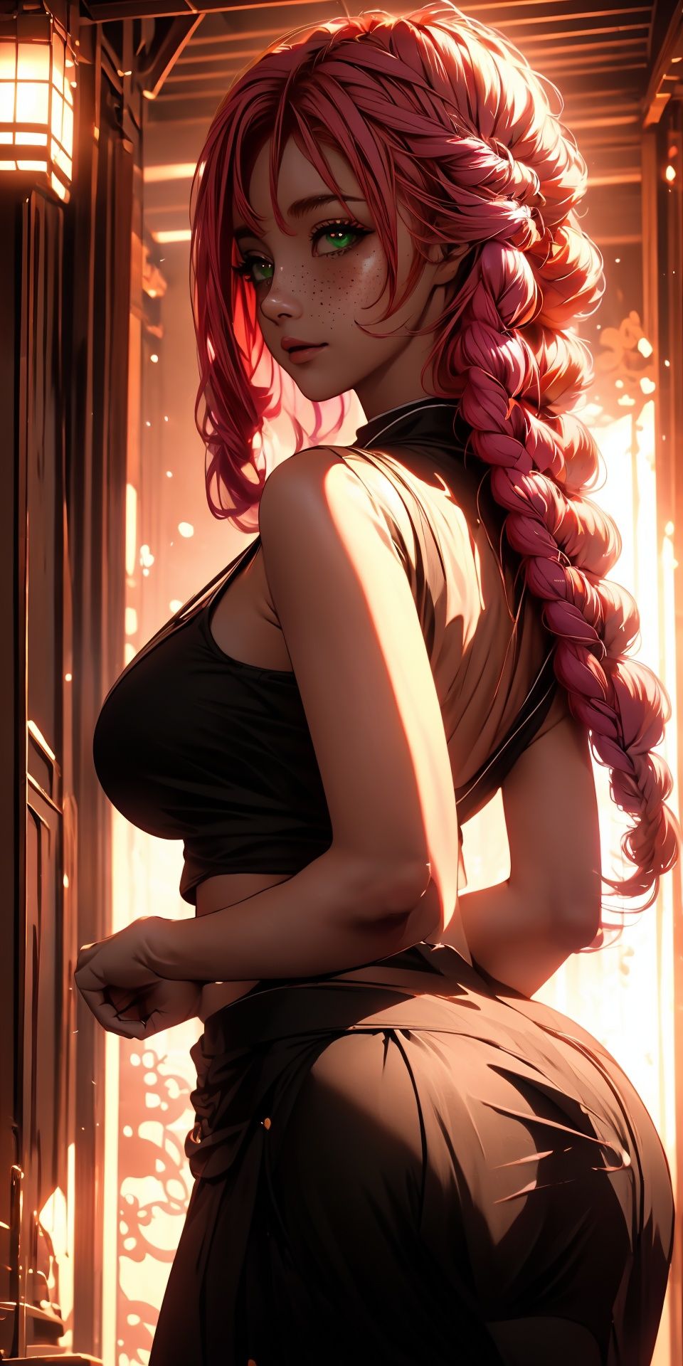 (masterpiece, best quality, hires, high resolution:1.2, 4k, 8k , high quality), extremely detailed, realistic, intricate details, highres, 1girl, solo, blush, freckles, arched back,(cinematic lighting, sunlight, perfect lighting, backlighting), eye-level shot, extreme close-up-shot, looking at viewer, 
  mitsuri_ecsta, pink hair, multicolored hair, kanroji mitsuri, green hair, two-tone hair, chromatic aberration, demon slayer uniform, ,MITSURI_ECSTA,KANROJI MITSURI