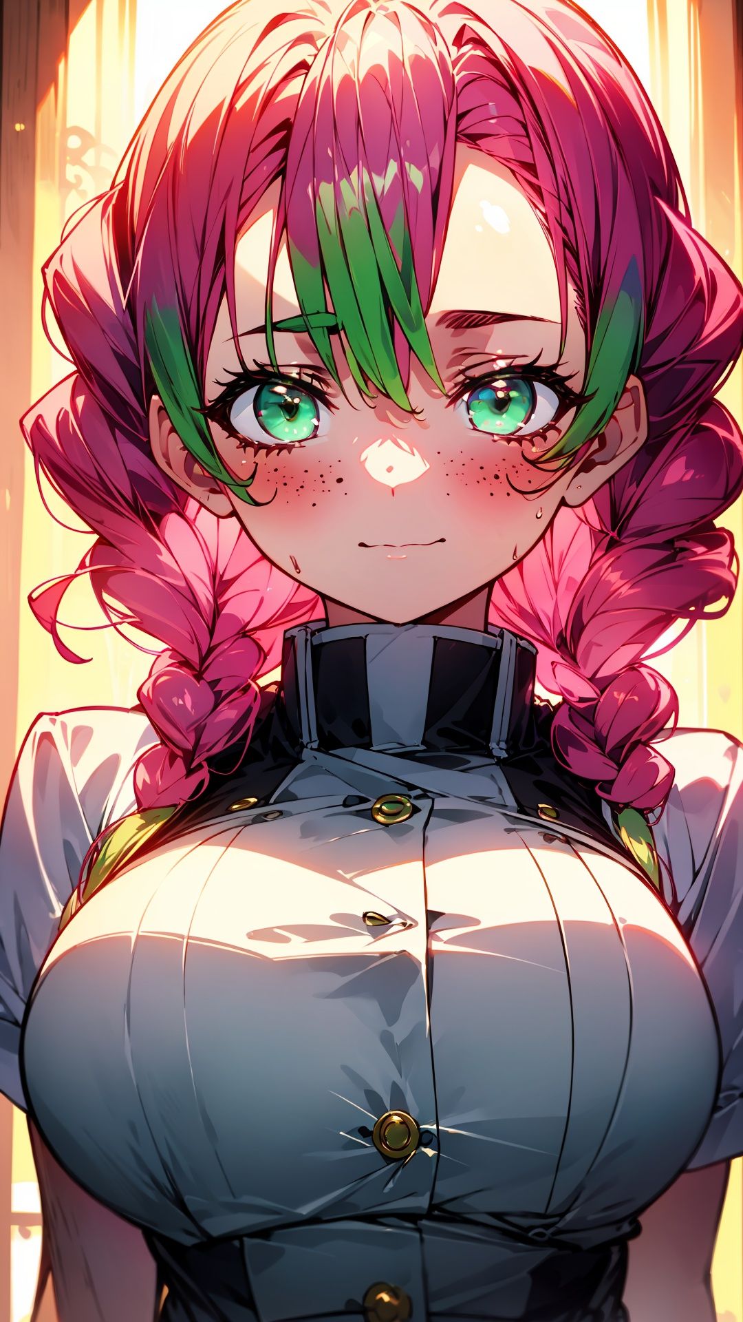 (masterpiece, best quality, hires, high resolution:1.2, 4k, 8k , high quality), extremely detailed, realistic, intricate details, highres, 1girl, solo, blush, freckles, arched back,(cinematic lighting, sunlight, perfect lighting, backlighting), eye-level shot, extreme close-up-shot, looking at viewer, 
  mitsuri_ecsta, pink hair, multicolored hair, kanroji mitsuri, green hair, two-tone hair, chromatic aberration, demon slayer uniform, ,MITSURI_ECSTA,KANROJI MITSURI