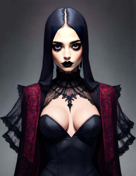 Gothic style upper body portrait of a beautiful goth woman,  wearing a Vampire Queen Costume,  badass on Tensor.Art