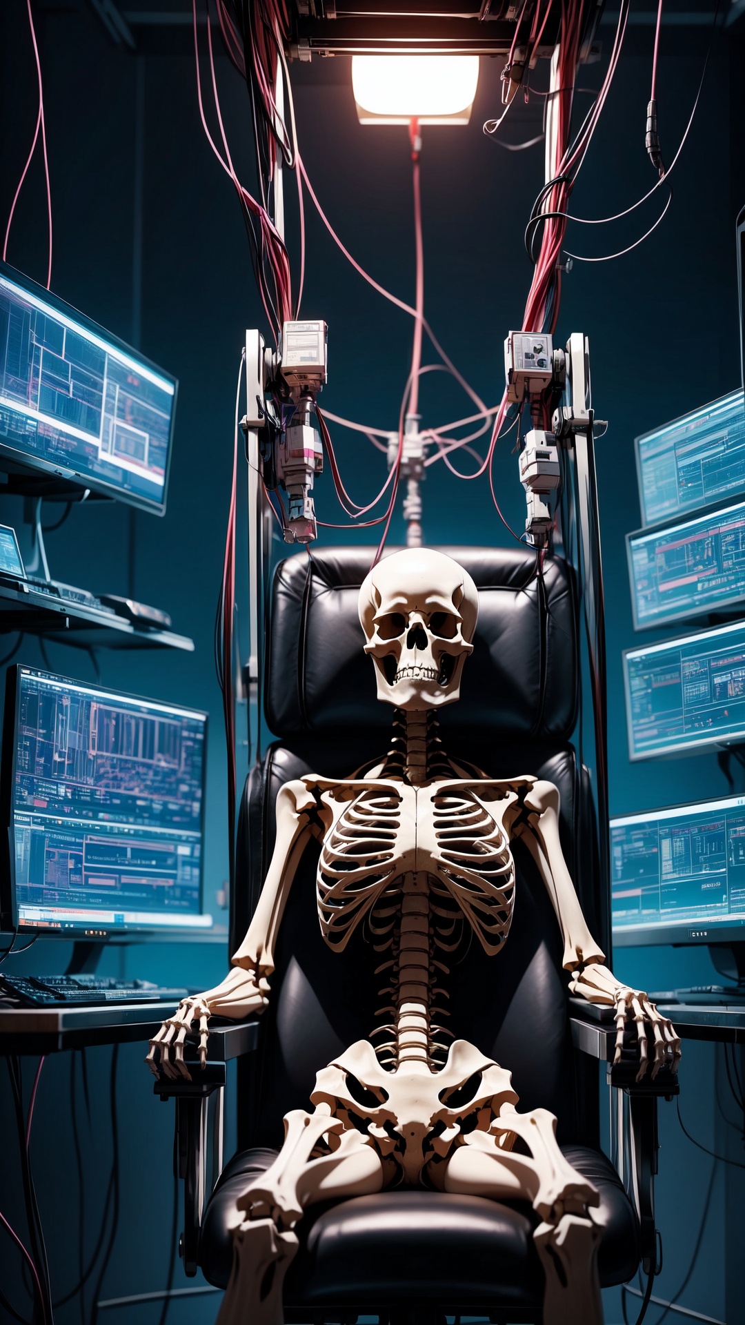 A human skeleton sits in the electric chair,  are covered with wires and instruments. Cyberpunk Laboratory,  picture symme...