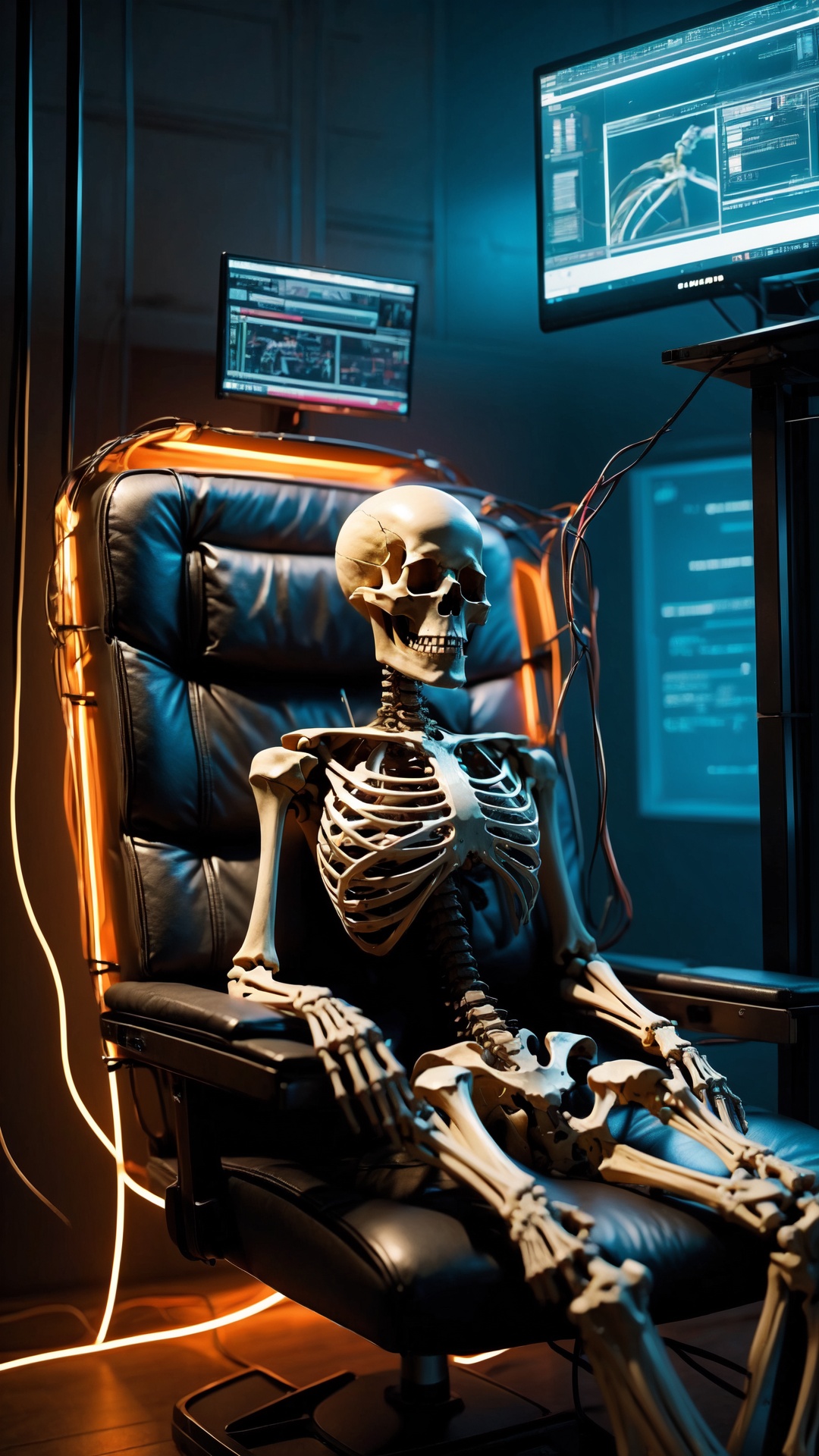 A human skeleton sits in the electric chair,  are covered with wires and instruments. Cyberpunk Laboratory,  picture symme...