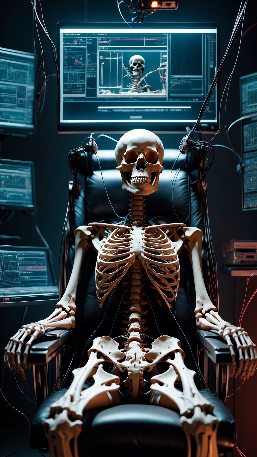 A human skeleton sits in the electric chair,  are covered with wires and instruments. Cyberpunk Laboratory,  picture symme...