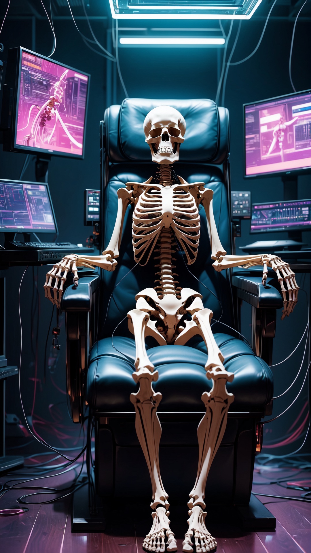 complete skeleton,  A human skeleton sits in the electric chair,  are covered with wires and instruments. Cyberpunk Labora...