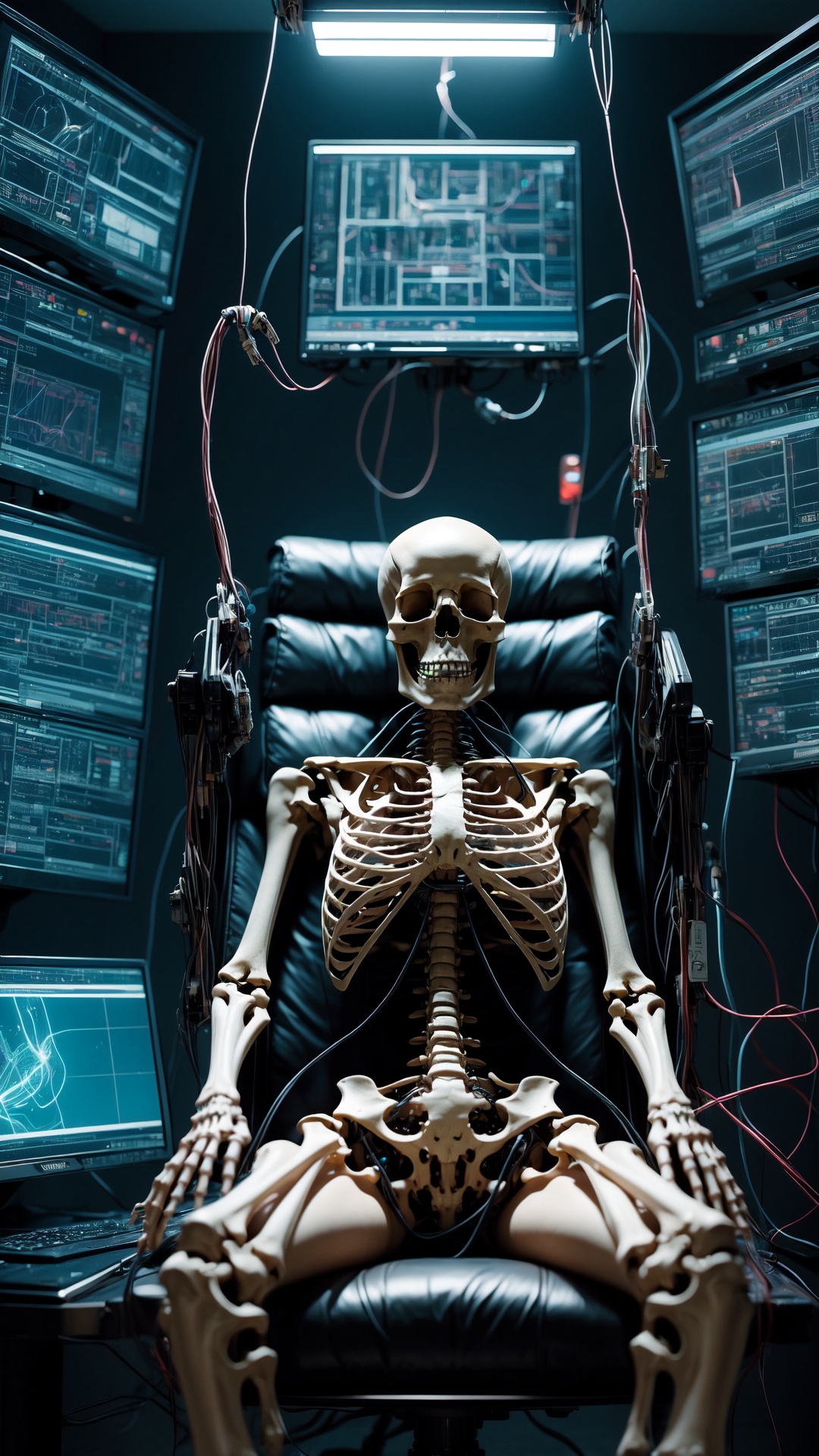 A human skeleton sits in the electric chair,  are covered with wires and instruments. Cyberpunk Laboratory,  picture symme...