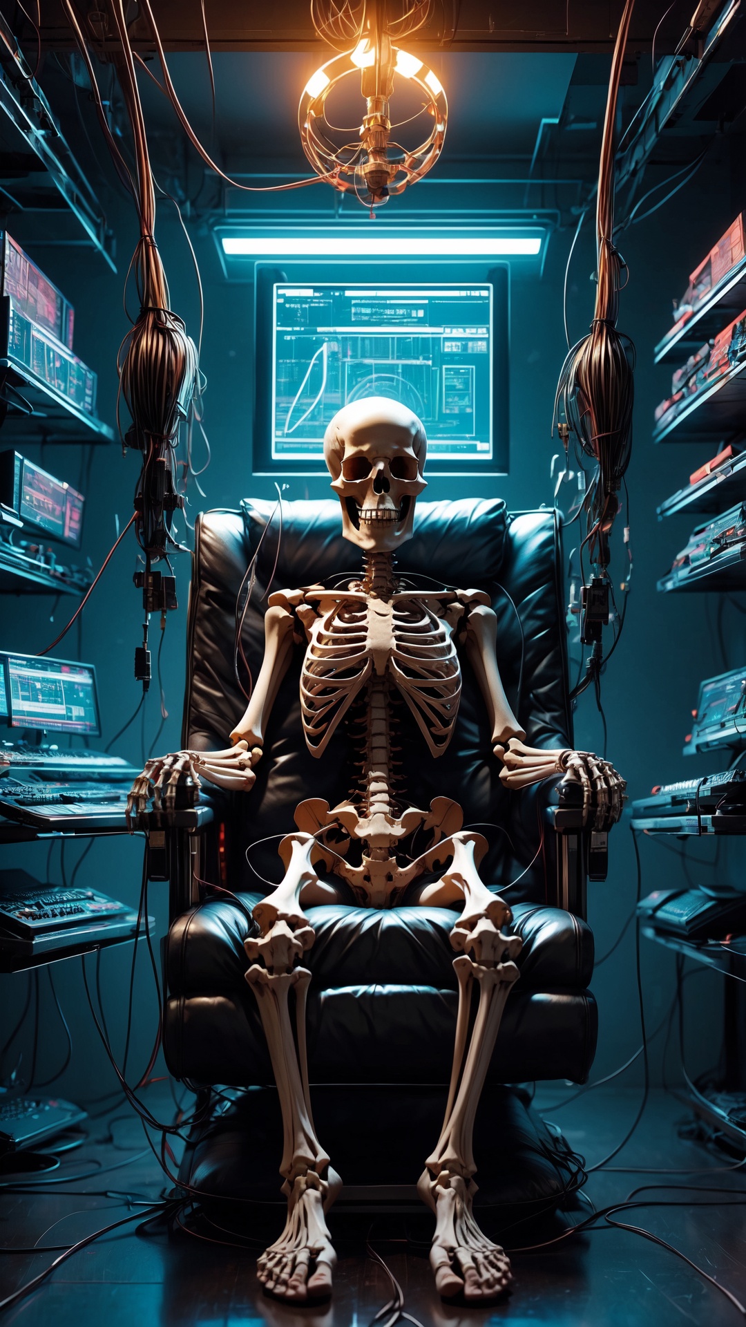 A human skeleton sits in the electric chair,  are covered with wires and instruments. Cyberpunk Laboratory,  picture symme...