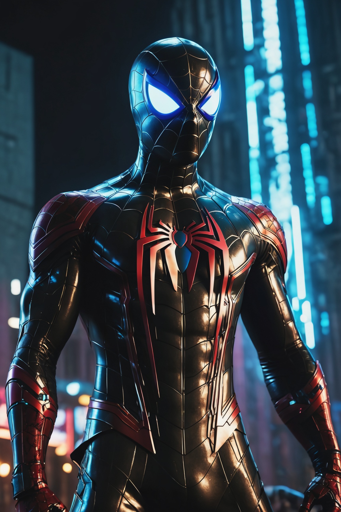 (Killer Spider-Man) from (Marvel), the entire suit drenched in blood, with (pieces of torn clothes) scattered about. The character features (intricate and angular cybernetic implants) inside a (brutalist building) combined with a (Gothic brutalist cathedral) backdrop, creating a (cyberpunk) atmosphere. The image is reminiscent of a (Foto premiada) with a focus on (Bokeh) and neon lights. This masterpiece is in (4K Cyber) resolution, blending the elements of a brutalist and cyberpunk aesthetic into a visually captivating and chilling scene.