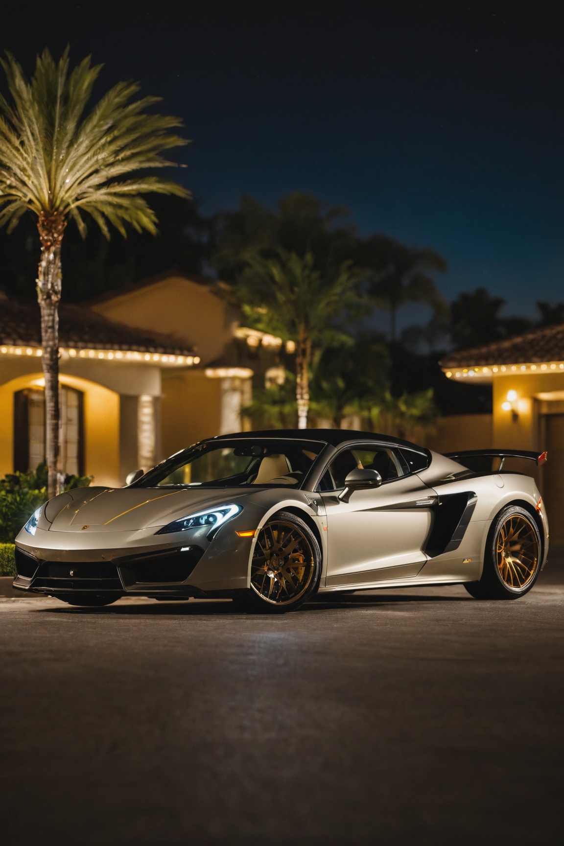 luxury exotic sports car night photography casino driveway 200mm zoom lens f/1.4 (masterpiece:1.2) (photorealistic:1.2) (bokeh) (best quality) (detailed skin:1.3) (intricate details) (8k) (HDR) (analog film) (canon d5) (cinematic lighting) (sharp focus)