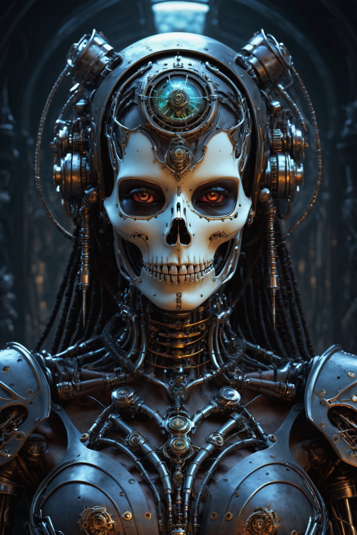 (Very detailed 8K wallpaper), A masterfully detailed portrait of a sinister necromancer, their face shrouded in darkness, a cyborg skeleton companion lurking ominously in the shadows. The artwork is rendered in a highly detailed and dramatic steampunk fantasy style, featuring a retro-futuristic female robot with intricate design elements.