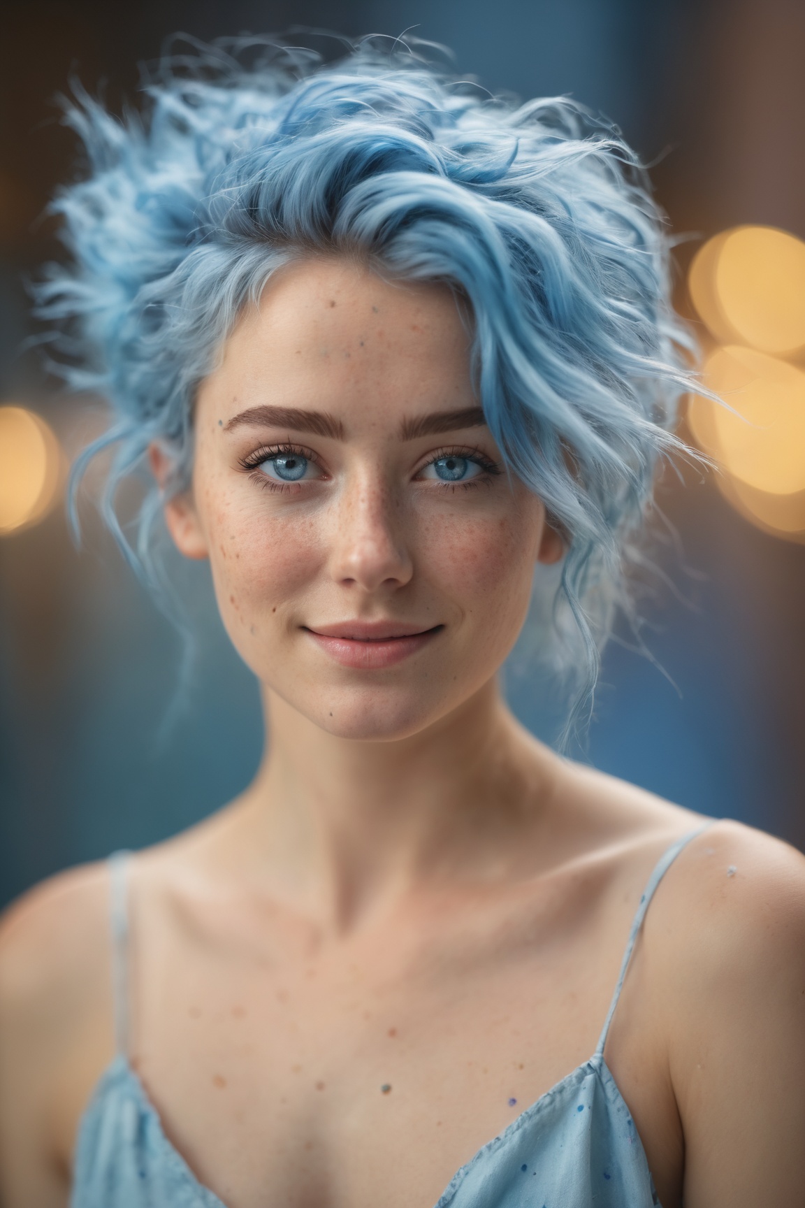 (best quality, 4k, 8k, highres, masterpiece:1.2), ultra-detailed, (realistic, photorealistic, photo-realistic:1.37), blue messy hair, light blue eyes, freckles, women, portrait, cinematic, bokeh, soft lighting, ethereal atmosphere, dreamy expressions, dynamic composition, textured background, vivid colors, subtle smile, graceful pose, professional, artistic, portrait photography
