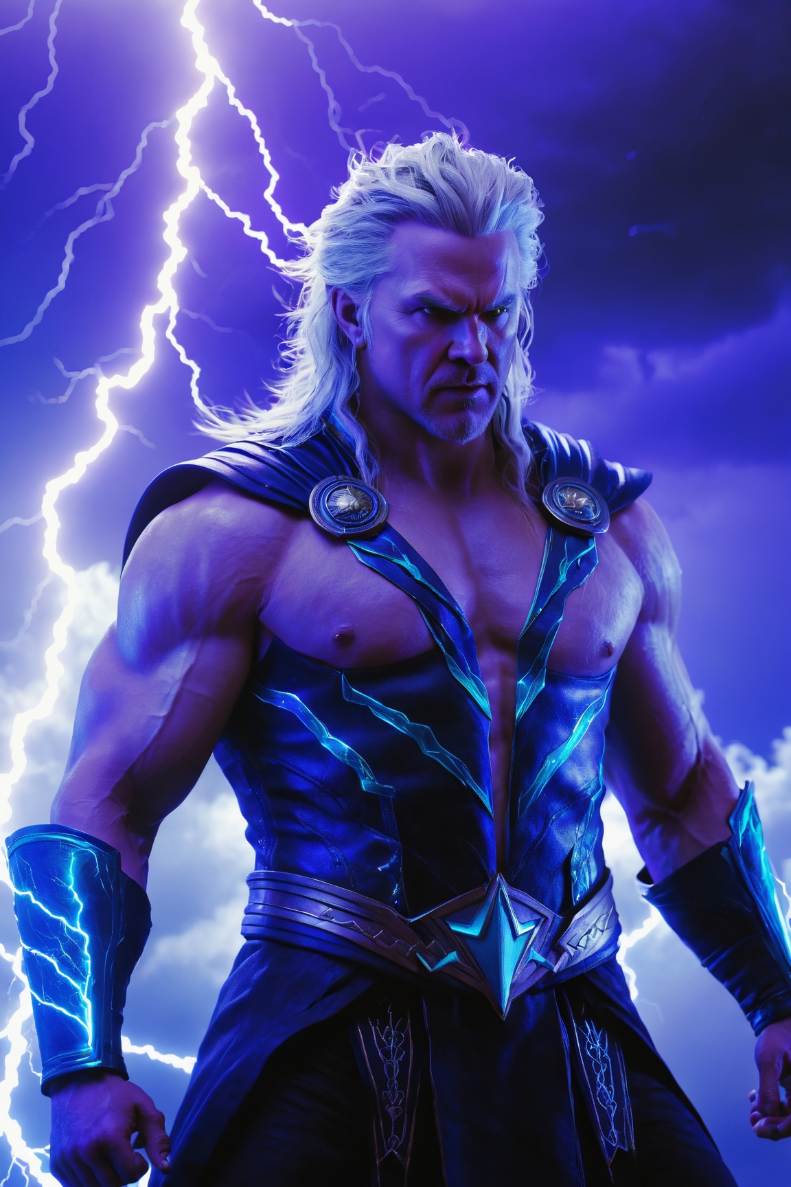 (best quality, UHD, ultra-detailed, masterpiece), (ultra-realistic, photorealistic), A breathtaking UHD portrait depicting the imposing Thunder God, his electrifying lightning strikes illuminating the sky in vibrant violet and cyan hues. Rendered with the precision of the Luminous Studio graphics engine and the brilliance of Octane render, the scene is enveloped in a cloudy haze, with fiery embers dancing around his thunderous crown.